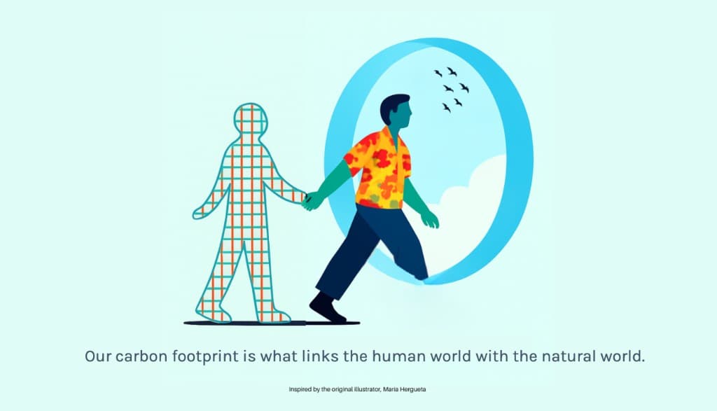Illustration of a person stepping through a portal from a patterned world into a natural world with birds
